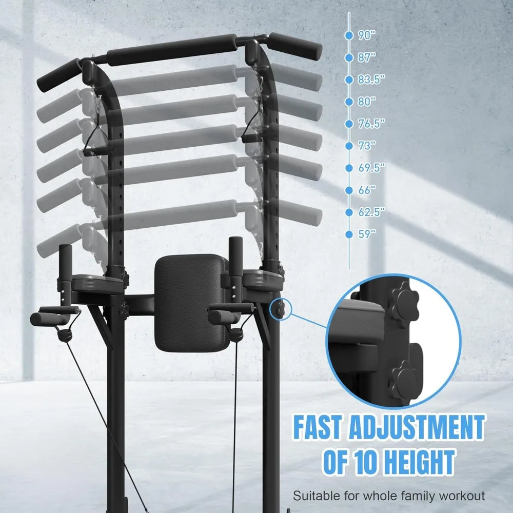 Power Tower with Backrest, Adjustable Height Pull Up Bar Stand, Multifunctional Strength Training Fitness Workout Station