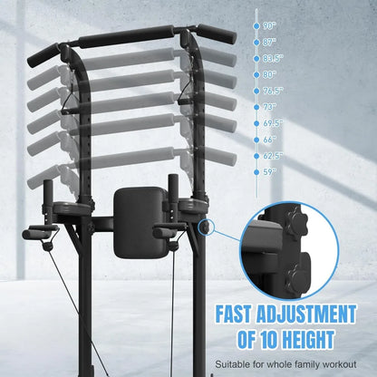 Power Tower with Backrest, Adjustable Height Pull Up Bar Stand, Multifunctional Strength Training Fitness Workout Station